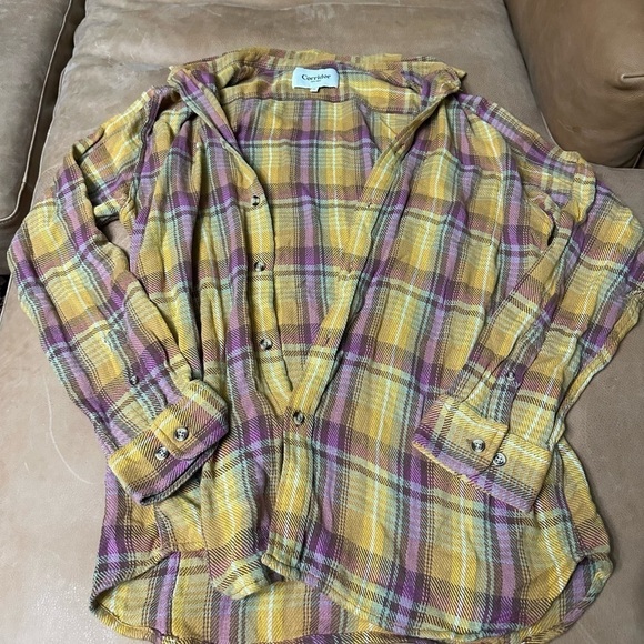 Men's Yellow and Purple Plaid Casual Button Down Shirt - Picture 2 of 11